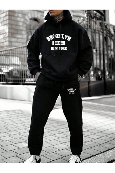 YUVEST BLACKROCK Black BROOKLYN NEW YORK Printed Hooded Sweatshirt and Sweatpants Tracksuit Set