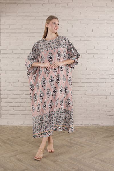 mervemoda Γυναικείο μακρύ φόρεμα από βισκόζη με στάμπα σε πούδρα