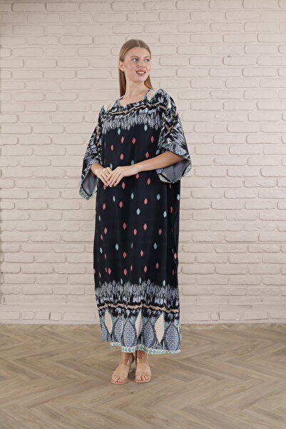 mervemoda Women's Black print plus size woven viscose dress long dress