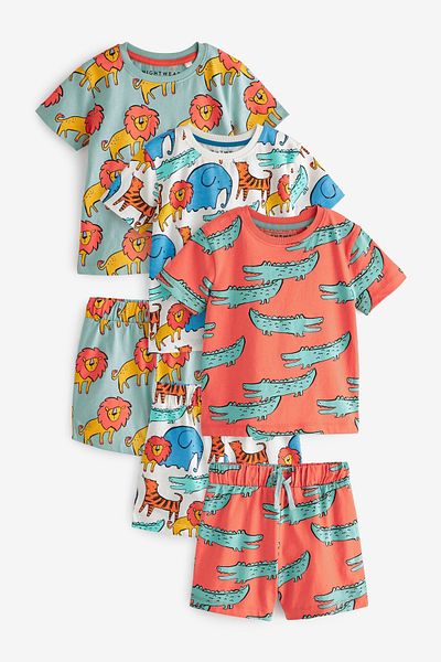 Next Baby 100% Cotton Animal Patterned Short Sleeve 3-Piece Boys' Top and Bottom Set with Shorts
