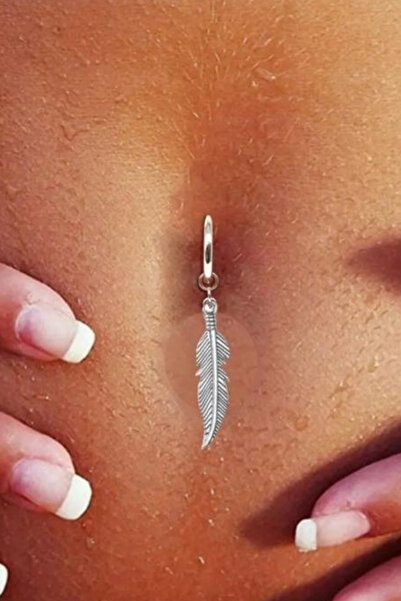 Jaida Moda Kadın Gümüş Sıkıştırmalı Tüy Figür Sallantılı Çelik Göbek Piercing