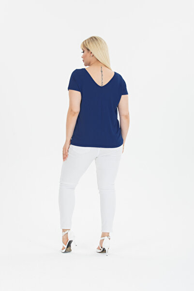 garajmood Saks Blue Large Size Blouse with V-Neck Detail on the Front and Back