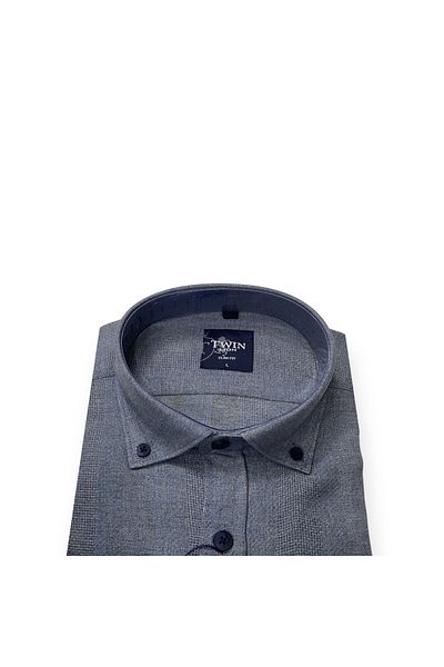 Sadık Collection Мъжка дълга памучна риза Twin Slim Fit без джобове в син цвят 0032