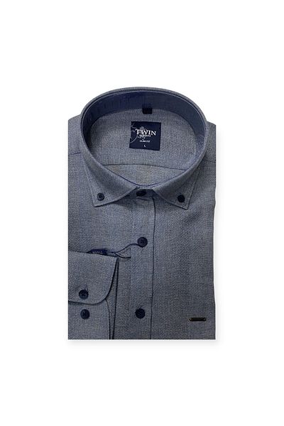 Sadık Collection Мъжка дълга памучна риза Twin Slim Fit без джобове в син цвят 0032