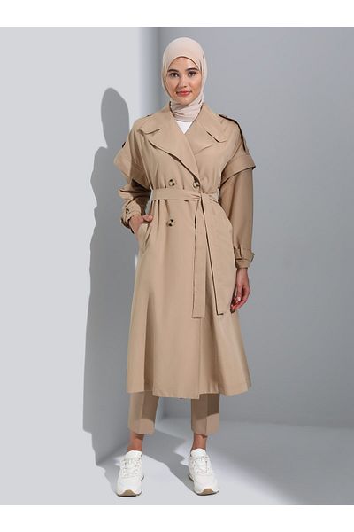Refka Vest with Detachable Sleeves Trench Coat - Beige - Benin