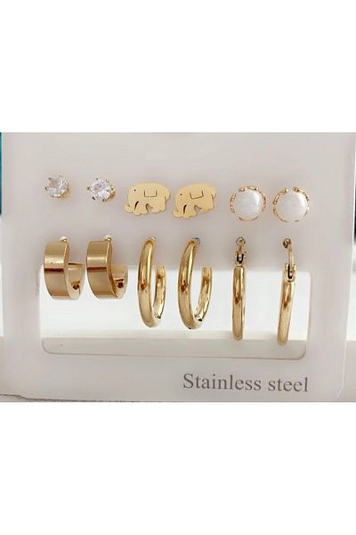 VNS Accessories Steel 6-Piece Earring Set-elephant (GOLD&SILVER)