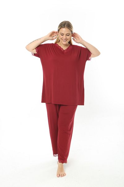 MODA LİZZA Women's Large Size Claret Red 2-Piece Pajama Set
