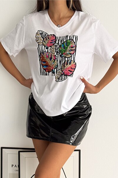 FEMELLE Women's White V-Neck Large Size Leaf Pattern Sequin Embroidered 100% Cotton Large Size T-Shirt