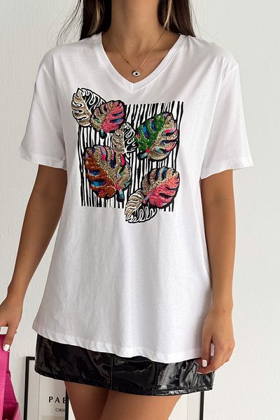 FEMELLE Women's White V-Neck Large Size Leaf Pattern Sequin Embroidered 100% Cotton Large Size T-Shirt