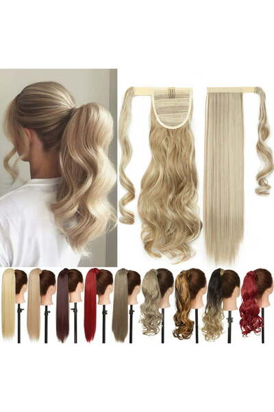 AKOLİFE Küllü Sarı Düz Bağlamalı Cırtcırtlı At Kuyruğu Postiş Çıtçıt Saç /Isı...