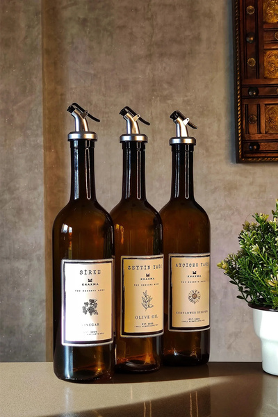 KHAKMA Amber Zeytinyağı Ayçiçek Yağı Sirke Şişesi Yağdanlık 3lü Set 750ml -stantsız B3750-sz