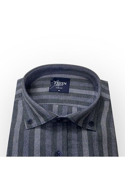 Sadık Collection Twin ανδρικό μακρυμάνικο ριγέ χειμωνιάτικο βαμβακερό πουκάμισο 033