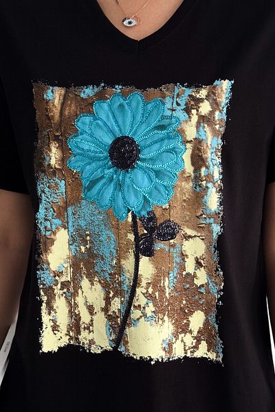 FEMELLE Women's Black V-Neck Large Size Flower Pattern Sequin Embroidered 100% Cotton Large Size T-Shirt