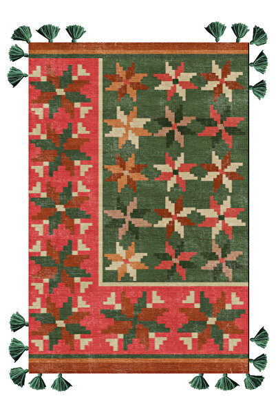 Rugs Modern Halı Mira 1148 Pink Green Color Ethnic Flower Theme Fringed Woven...
