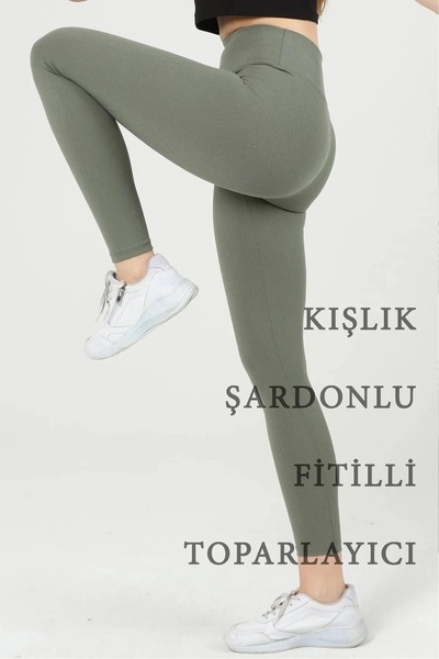 Livik Black&Khaki Ribbed Inner Fleece Raised Winter Leggings High Waist 2-Pack Advantageous Package