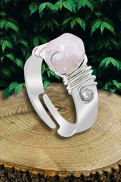 Tesbih Atölyesi Certified Thick Tweezers Silver Pink Quartz Stone Ring - Adjustable
