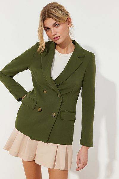 Trendyol Collection Dunkelkhakifarbener, regelmäßig gefütterter, zweireihiger, gewebter Blazer TWOSS21CE0107