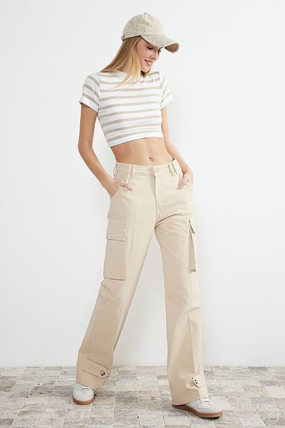 Trendyol Collection Beige More Sustainable High Waist Wide Leg Jeans with Cargo Pockets TWOSS24JE00120