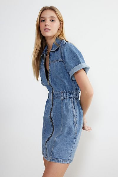 Trendyol Collection Blue Zipper Detailed Mini Denim Dress TWOSS24EL00367