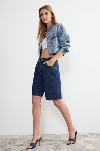 Trendyol Collection Modrá džínovina s vysokým pasem Bermuda Twoss24Sr00016