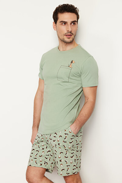 Trendyol Collection Πράσινο σετ πιτζάμες με στάμπα βαμβακερά σορτς Regular Fit - THMSS21PT0324