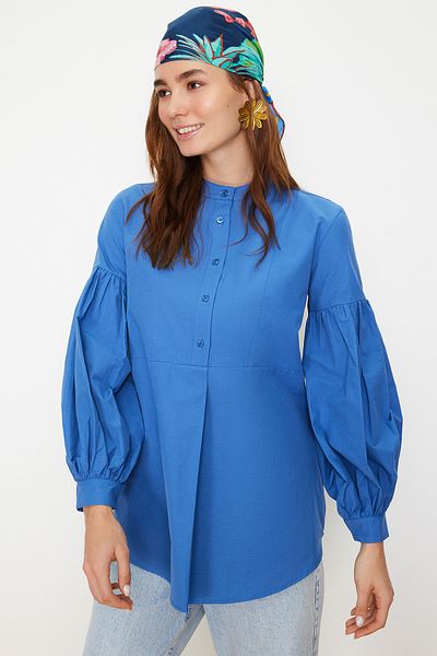 Trendyol Modest Navy Blue Comfortable Fit Cotton Woven Tunic Shirt TCTSS24TG00046