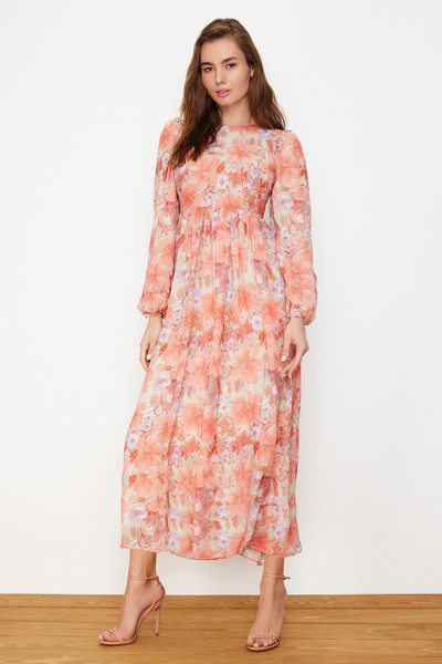 Trendyol Modest Oranžové květinové lemované tkané šaty TCTSS24EB00100
