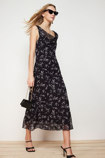 Trendyol Collection Black Floral Degaje Collar Chiffon Lined Midi Woven Dress TWOSS24EL00064