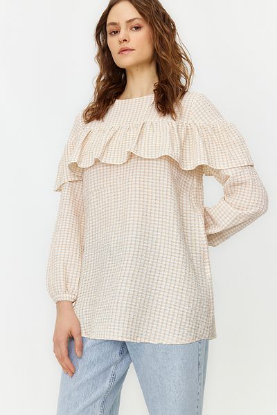 Trendyol Modest Tunika aus gewebtem Seersucker mit Steinrüschen und Details TCTSS24UK00016