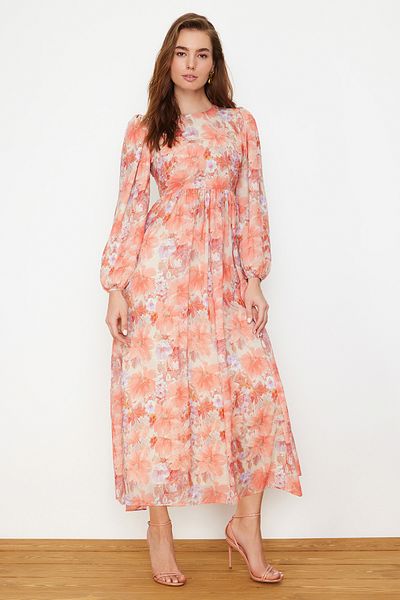 Trendyol Modest Φόρεμα με πορτοκαλί φλοράλ υφαντό TCTSS24EB00100