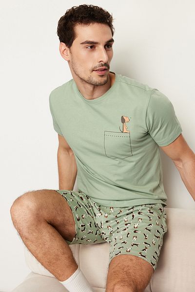 Trendyol Collection Zelené bavlněné šortky s potiskem Regular Fit Pyžamo Set - THMSS21PT0324