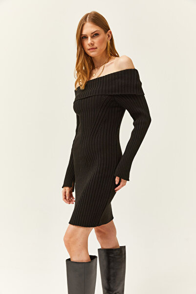 Olalook Kadın Siyah Madonna Yaka Fitilli Triko Elbise ELB-19002019