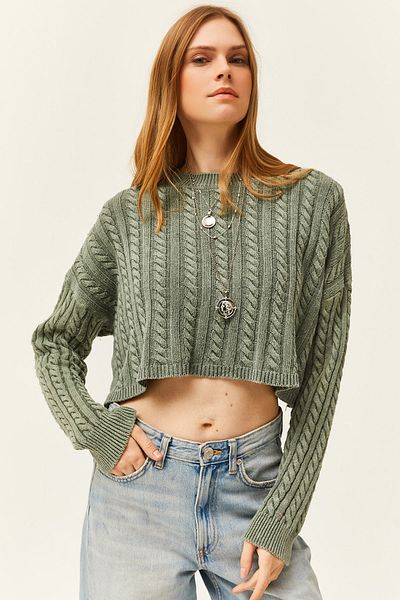 Olalook Women's Aged Green Hair Braided Wash Crop Knitwear Sweatshirt KZK-19000780