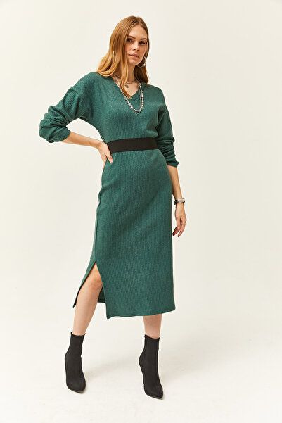 Olalook Γυναικείο φόρεμα με πράσινη θήκη V πλαϊνή σχισμή με χοντρό κορδόνι ELB-19002027