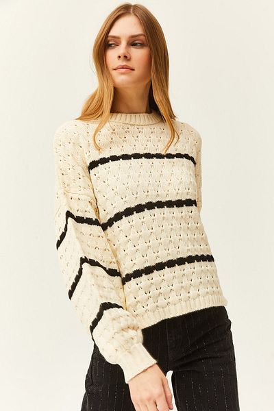 Olalook Damen-Strickpullover mit ecrufarbenen Streifen und Wabenmuster und Ballonärmeln KZK-19000772