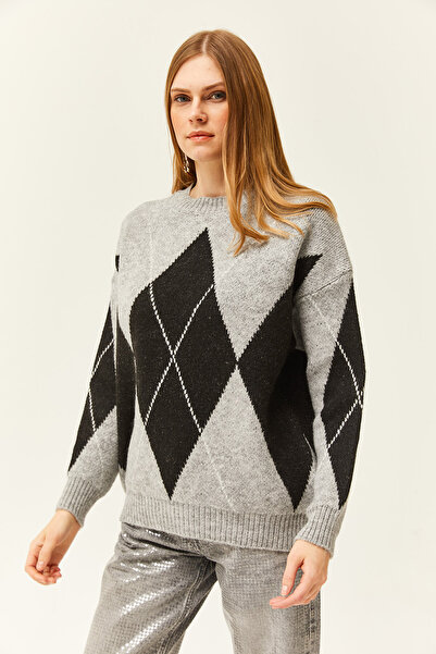 Olalook Women's Gray Diamond Pattern Thick Knitwear Sweater KZK-19000763