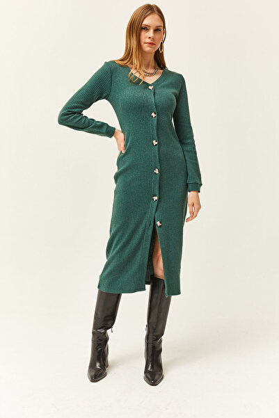 Olalook Damska zielona sukienka midi z dekoltem w kształcie litery V, zapinana na guziki i grubym prążkowanym ściągaczem ELB-19002024
