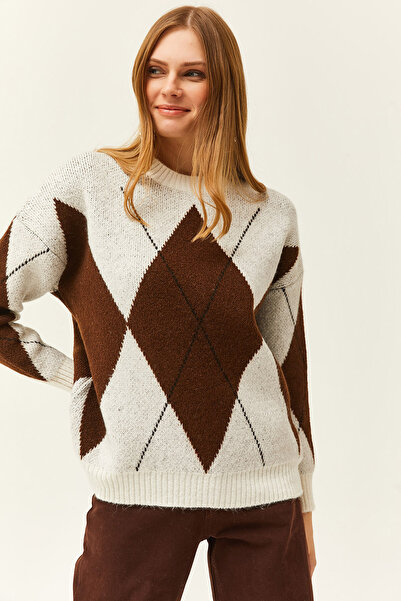 Olalook Dicker Strickpullover mit Rautenmuster für Damen, ecru KZK-19000763