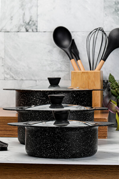 Taç Набір гранітного посуду Trio 6 предметів з силіконовою ручкою чорний