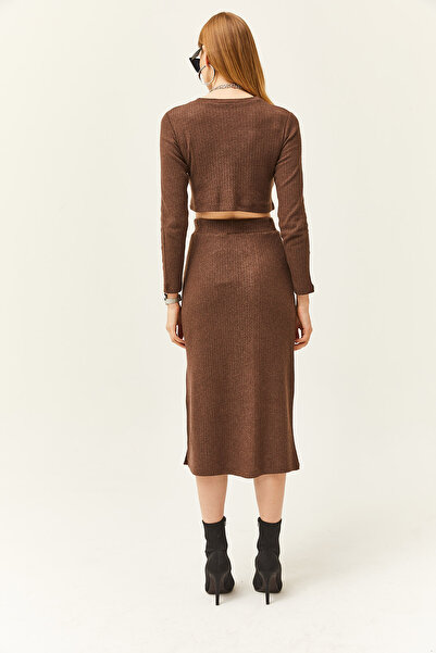 Olalook Дамска кафява пола с цепки с дебели рипсени повдигнати комплект TKM-19000252