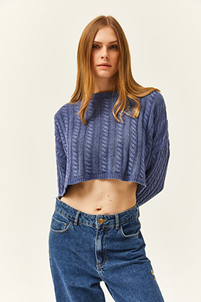 Olalook Pulover de damă din tricot împletit și spălat cu împletitură indigo KZK-19000780