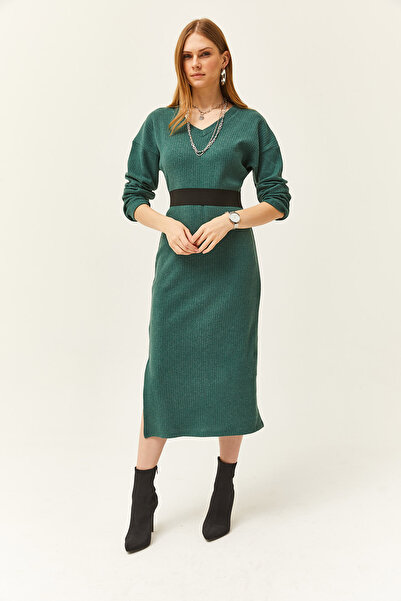 Olalook Γυναικείο φόρεμα με πράσινη θήκη V πλαϊνή σχισμή με χοντρό κορδόνι ELB-19002027