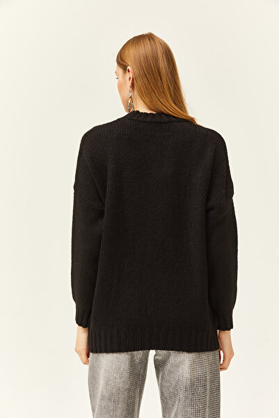 Olalook Women's Black Pocket Detailed Soft Textured Oversize Knitwear Sweatshirt KZK-19000767