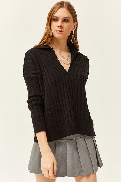 Olalook Hanorac negru pentru femei cu guler polo cu nervuri groase cu textura moale KZK-19000764