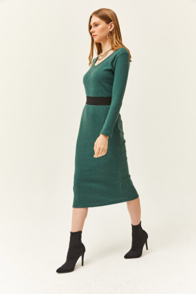 Olalook Γυναικείο Πράσινο γιακά Πισίνας Χοντρό Κοτλέ Μίντι Φόρεμα ELB-19002021