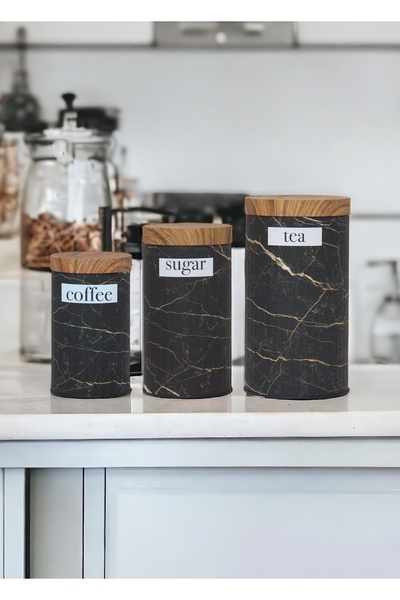 Doğa Dizayn Bamboo Lid Look Metal Marble Patterned 3-Piece Tea Sugar Coffee Storage Container/Jar MRS-3037M