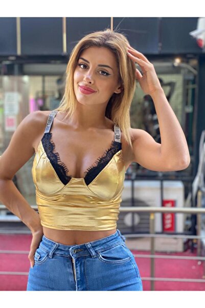 pink and pink Gold Askıları Taş Detaylı Büstiyer