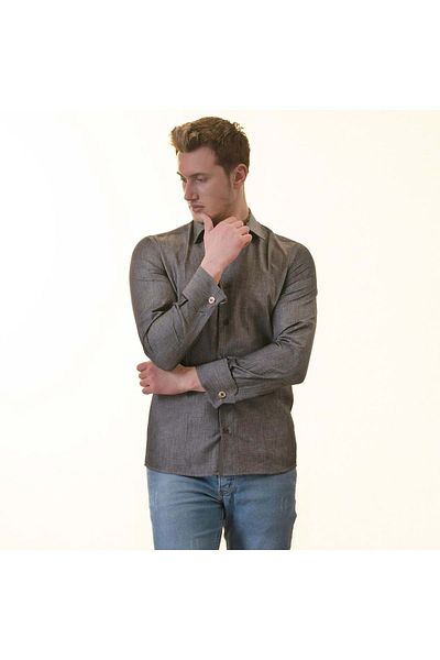 Exve Exclusive Γκρι μονόχρωμο Απλό Classic Oxford French διπλό πουκάμισο με μανικετόκουμπα