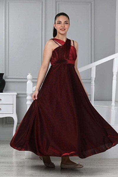 Wild Flower Kız Çocuk Göğsü Pileli Simli Kumaş Abiye Elbise Mevzuniyet Kıyafeti