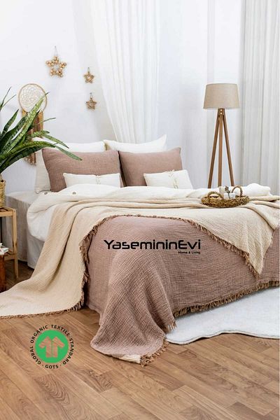 YASEMİNİNEVİ Muslin / Coffee-Light Brown / Single/ Bedspread/ Pique Set (1 Pillow Case)